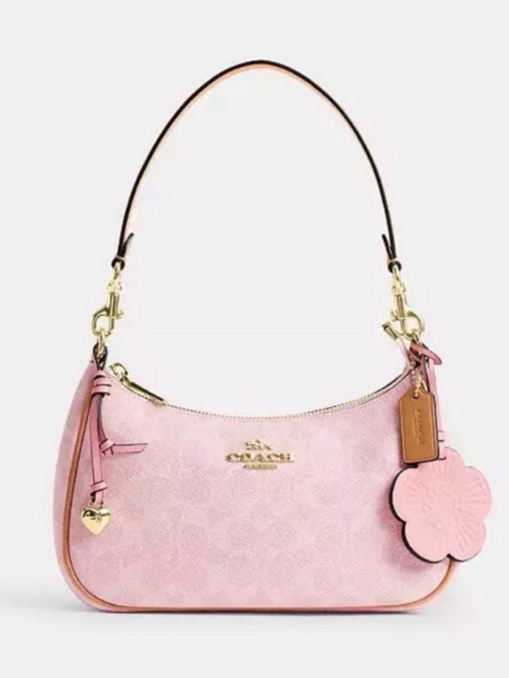Coach Powder Pink Teri Shoulder Bag with Floral Charm and Gold Logo